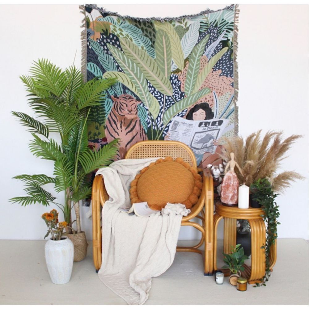 Boho Vibes Tiger and Woman Reading Woven Jacquard Throw Blanket Tapestry - Picture 2 of 6